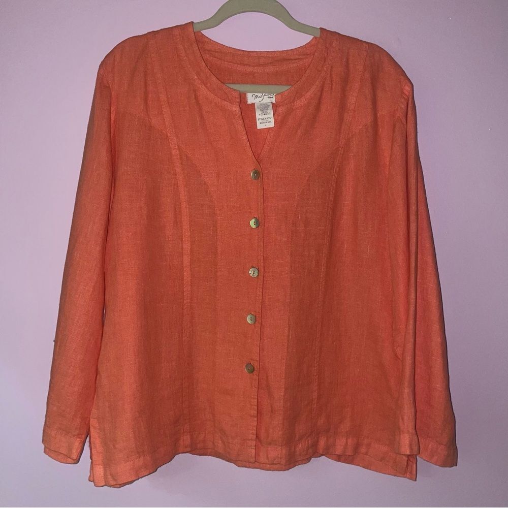 Mosaic L Linen Jacket Orange Button Front Collarless Lagenlook